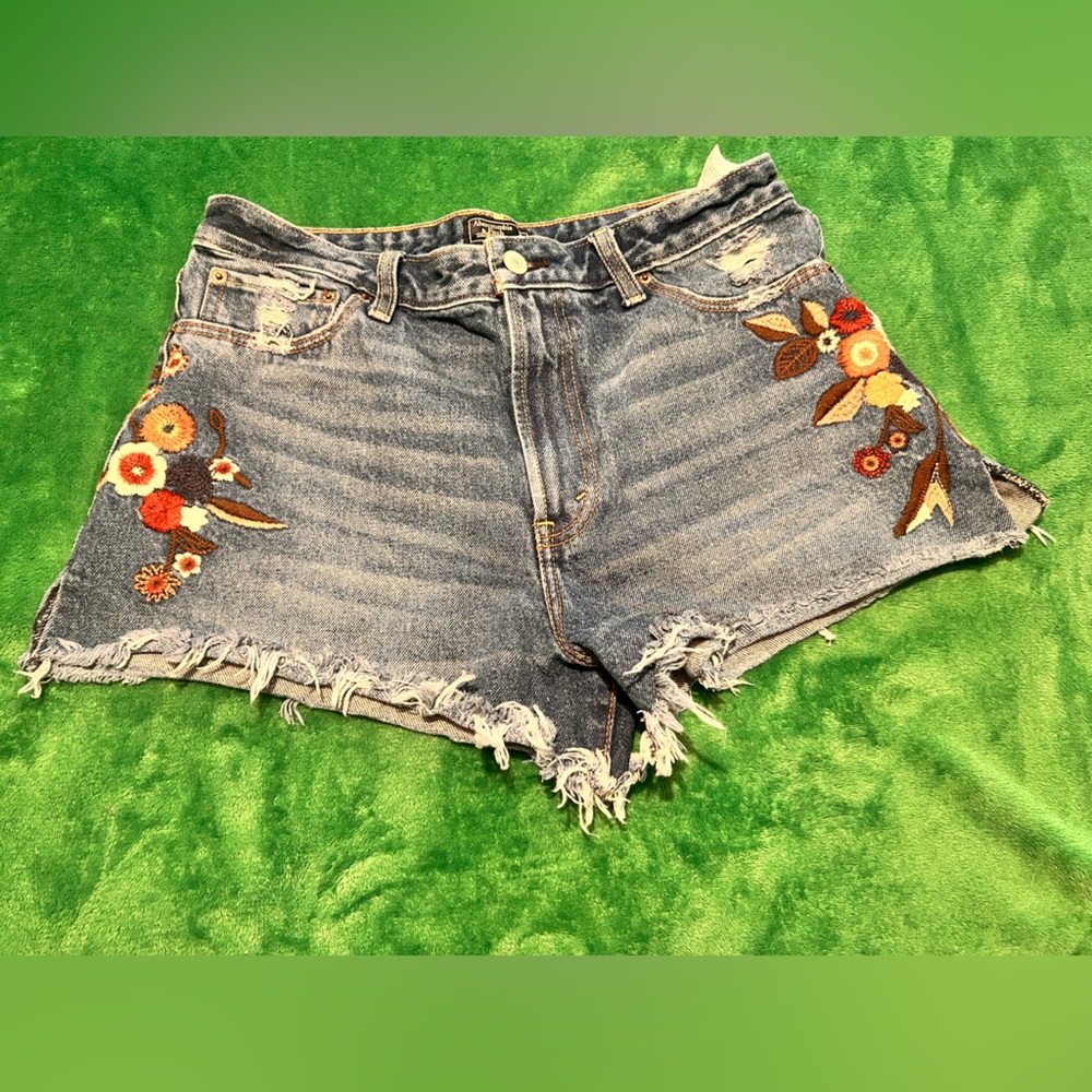 Abercrombie & Fitch Blue Jean Shorts with Floral Embroidery